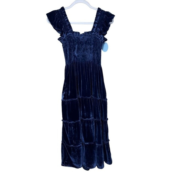 Hill House Navy Velvet Ellie Nap Dress S Holiday Midi Tired Ruched Sleeveless - Picture 7 of 14